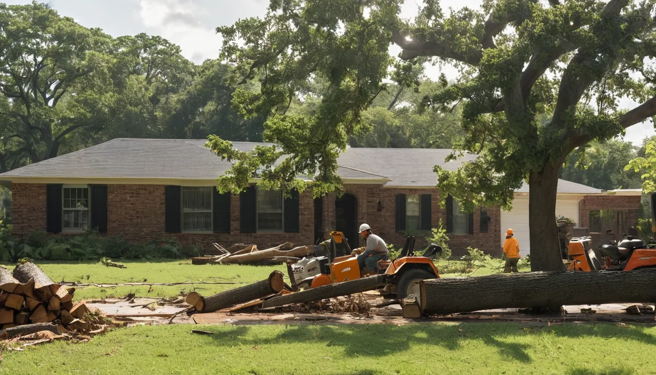 A provider's crew clearing a fallen tree from a backyard in Baton Rouge
